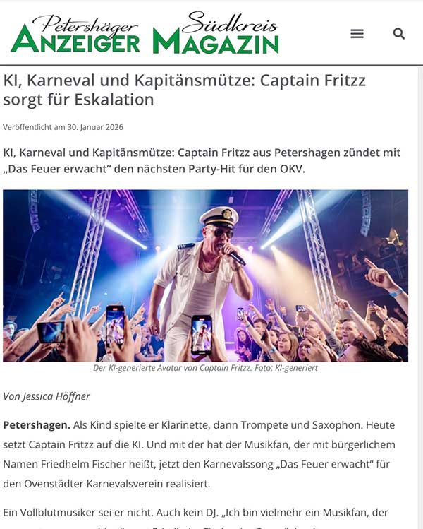 Presseartikel Petershäger Anzeiger über Captain Fritzz